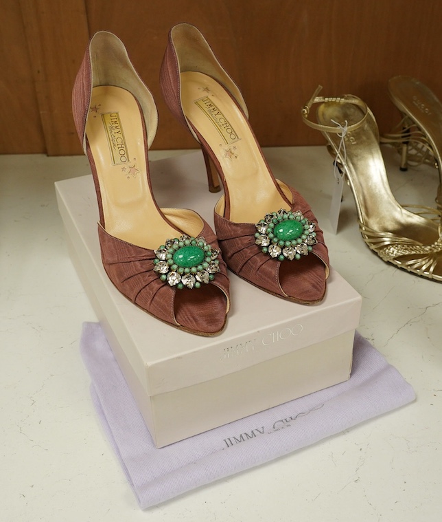 A pair vintage of Jimmy Choo satin open toe nude embellished heeled pumps, in original box with dust bags, size 40